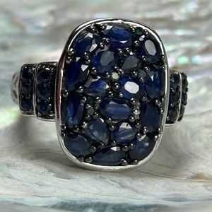 Multiple genuine oval and pear sapphires with blue colored Diamond sterling ring